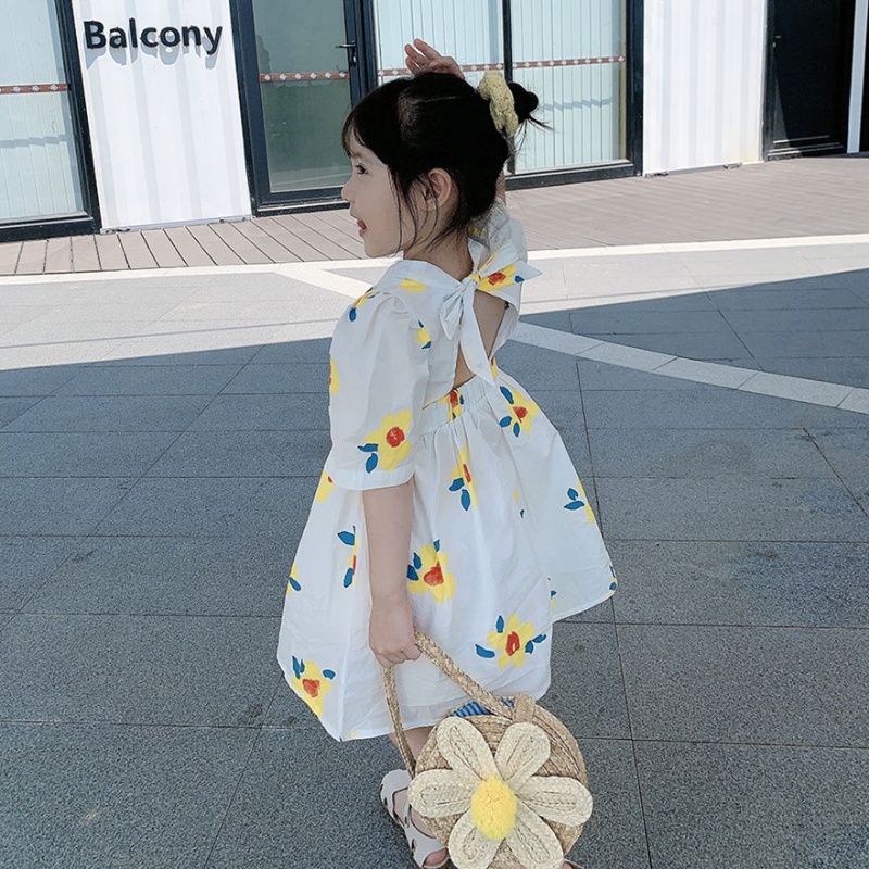 Đầm Công Chúa Mùa Hè Tay Cộc Hở Lưng In Họa Tiết Hoa Phong Cách Hàn Quốc Cho Bé Gái