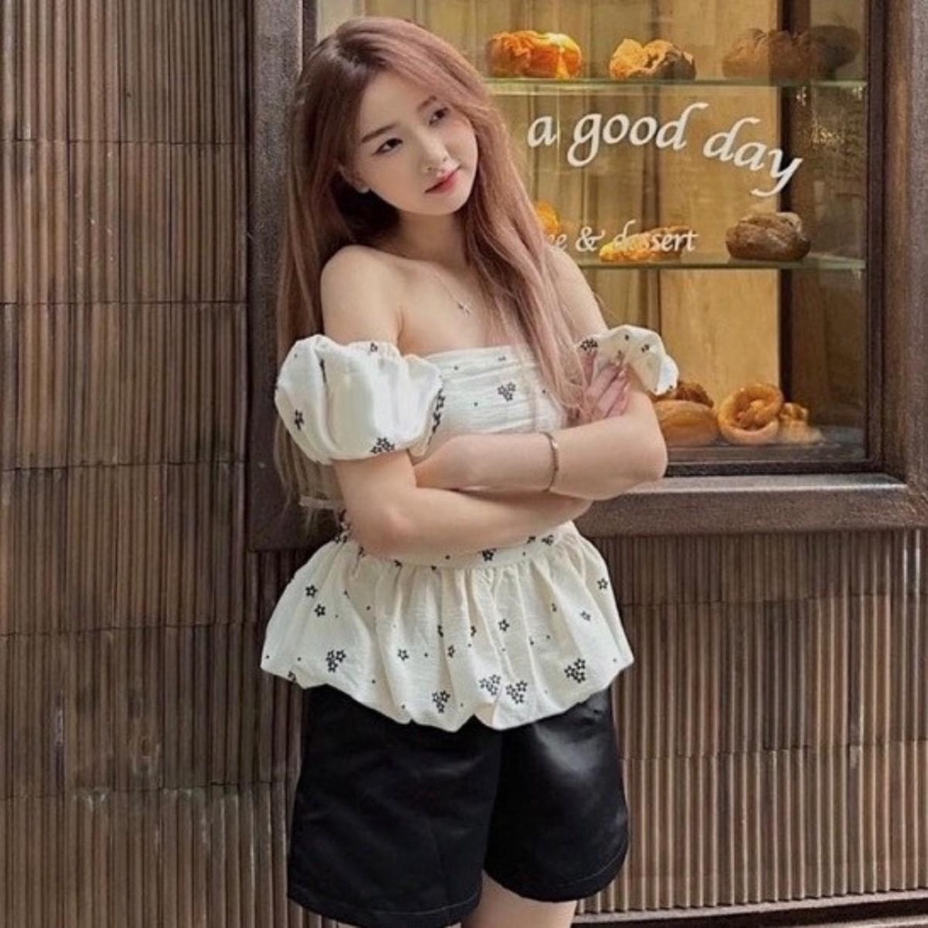 Áo peplum tay phồng PINKSTORE29 kiểu lưng chun, in hoa nhí dễ thương, xinh xắn A5609 | BigBuy360 - bigbuy360.vn