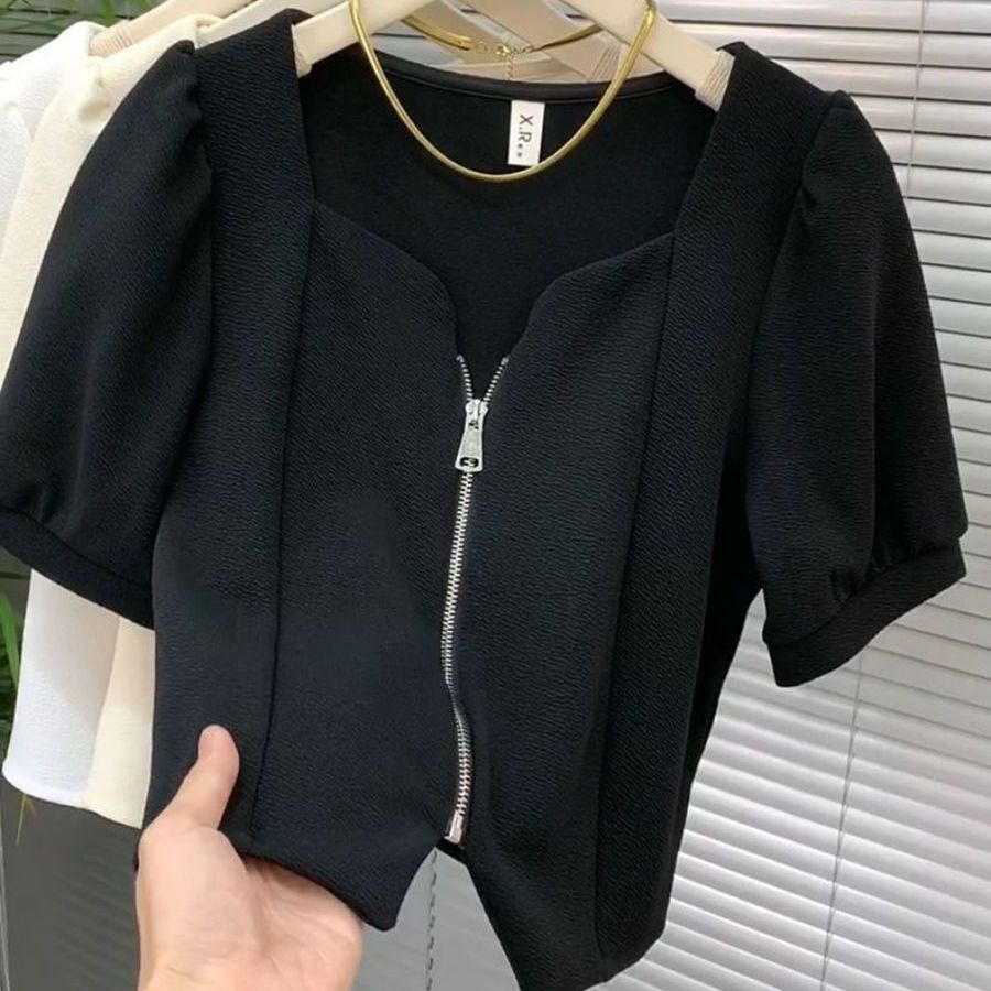 Áo Cardigan Cổ Vuông Tay Phồng Phối Khóa Kéo Phong Cách Pháp Thời Trang Mùa Hè Mới Cho Nữ