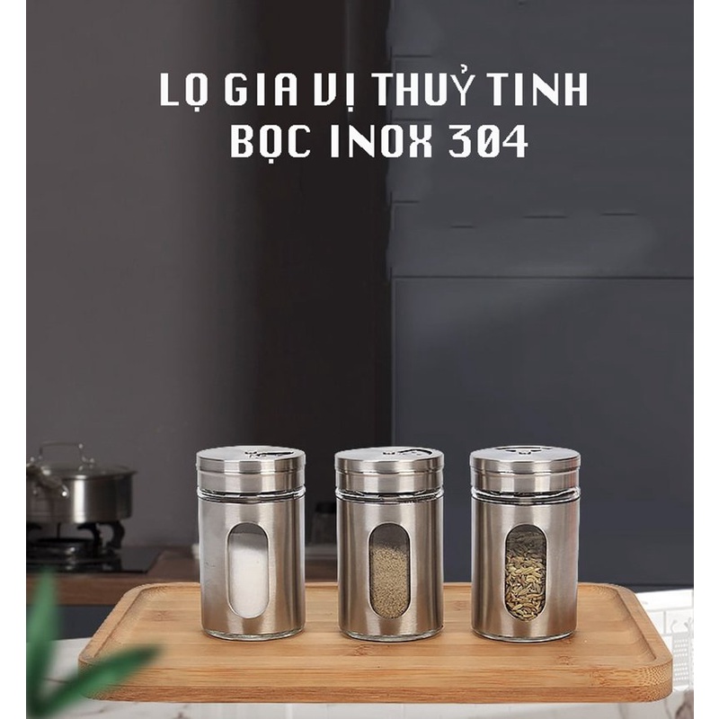Hủ, lọ đựng tiêu, gia vị, tăm bằng thủy tinh cao cấp trong suốt, bên ngoài vỏ bọc inox 304 chống rỉ sét,kết hợp nắp xoay