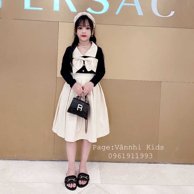 Set áo nơ + chân váy dài Tiểu Thư vingate cho bé size đại 17kg-41kg