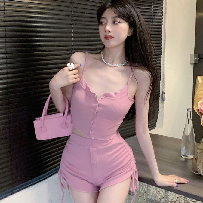 Set Áo Hai Dây Phối Quần Short Rút Dây Thời Trang Hồng Kông Cá Tính Cho Nữ