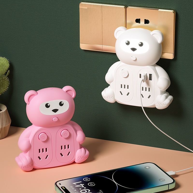 Ổ cắm điện thông minh đa năng tích hợp đèn ngủ, ổ cắm 2 cổng usb sạc đi động chống giật cao cấp hình gấu(3 chấu)