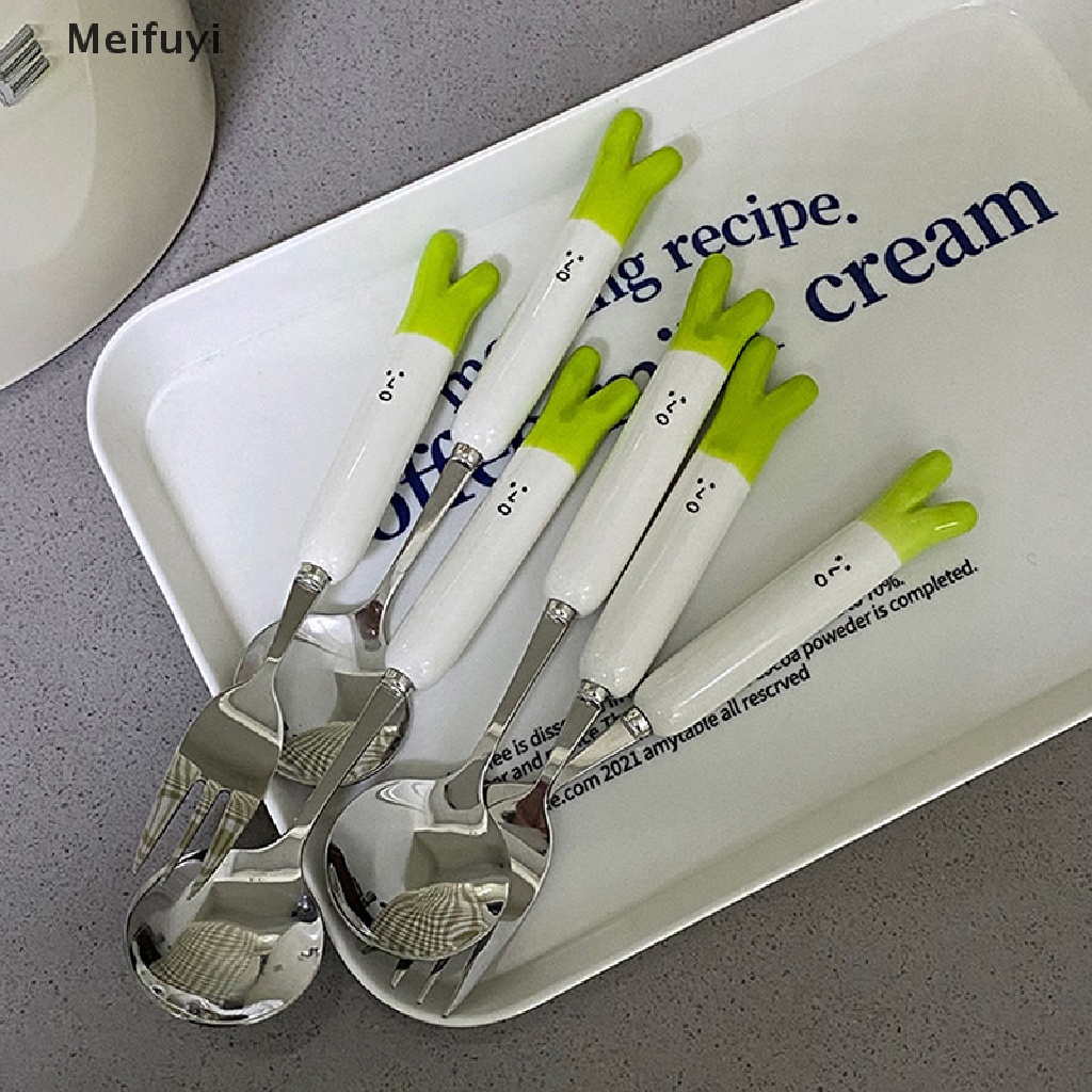 Bộ Muỗng Nĩa Bằng Sứ Hình Hành Tây Xanh Hoạt Hình Dễ Thương