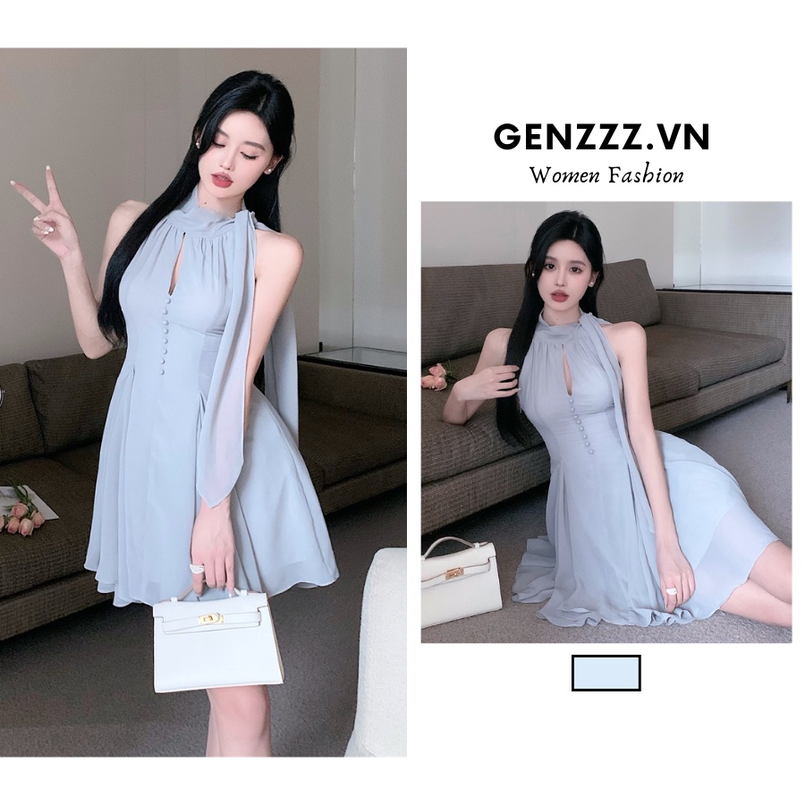 Đầm voan xếp ly, cổ yếm siêu điệu đà, xinh xắn, phong cách tiểu thư, công chúa, váy thời trang xuân hè dành cho những cô nàng bánh bèo