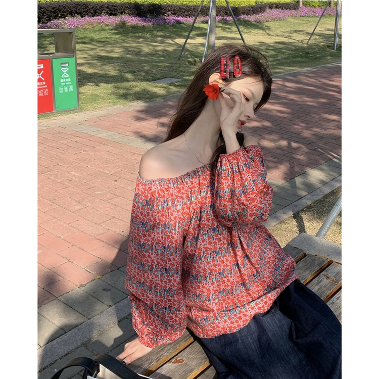 Áo Kiểu Trễ Vai Dài Tay In Hoa Thời Trang Cho Nữ