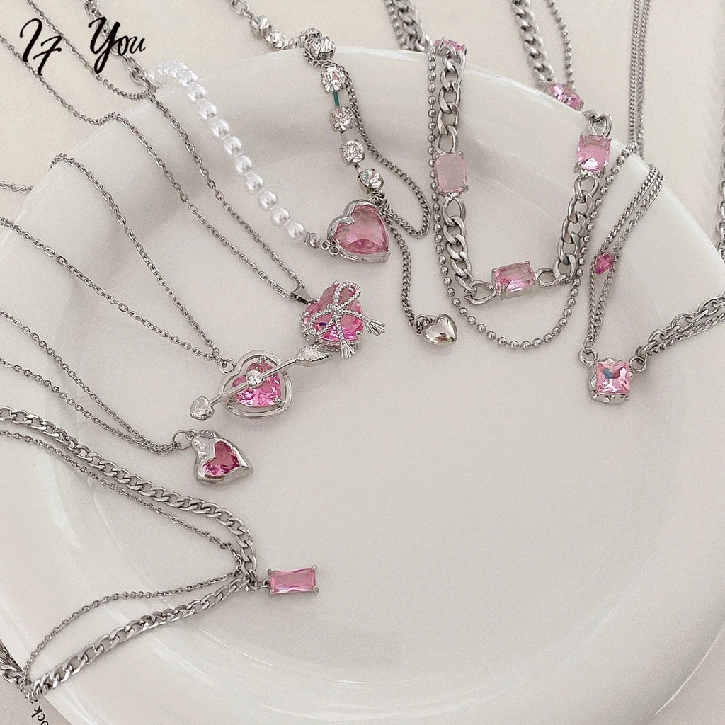 Vòng cổ AY mặt đính đá hồng thời trang dành cho nữ