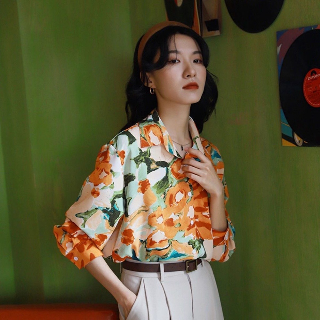 Áo Sơ Mi Tay Dài Dáng Rộng In Họa Tiết Tranh Sơn Dầu Phong Cách Hồng Kông Thời Trang Xuân Thu Cho Nữ