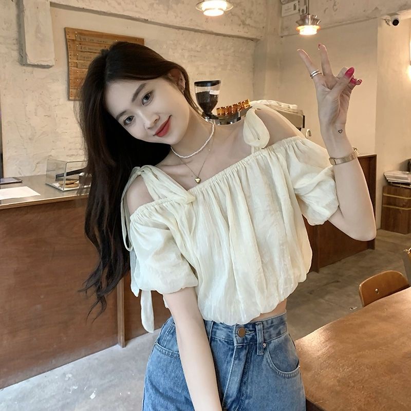 Áo Sơ Mi Tay Ngắn Buộc Dây Một Bên Vai Màu Trơn Phong Cách Hàn Quốc Thời Trang Mùa Hè Hàng Mới