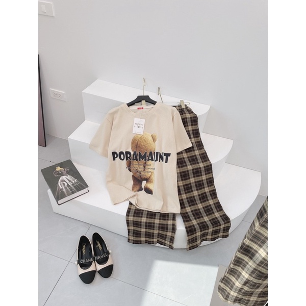 [ 𝐅𝐑𝐄𝐄 𝐒𝐇𝐈𝐏 ] Sét bộ gấu Pora 5D Áo cotton khô đẹp, chạy viền cổ kĩ, hình ép PET dẻo đẹp bản to  Quần kẻ thô cá tính