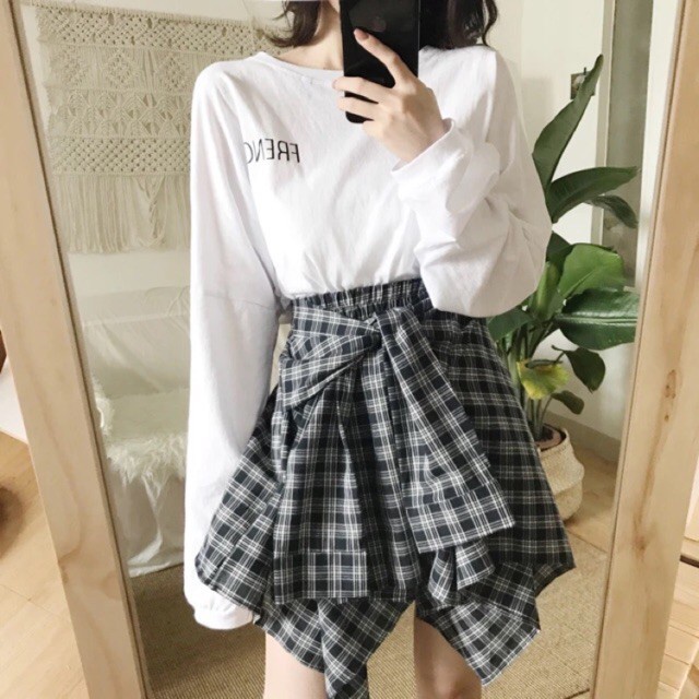Chân váy kẻ ngắn giả áo sơ mi buộc nơ (Order)