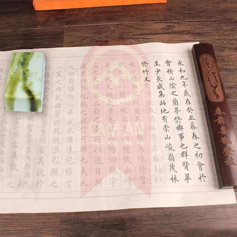 Chặn giấy viết thư pháp, mực tàu, bằng đá thiên nhiên màu xanh ngọc. mang nét cổ. Cẩm AN