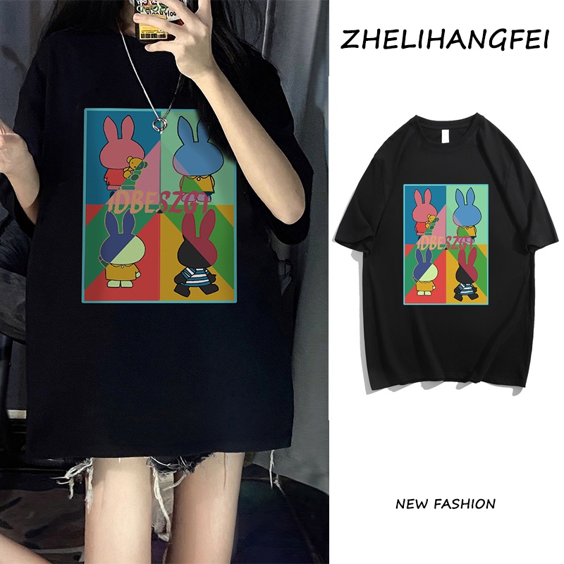 ZHELIHANGFEI Áo Thun Ngắn Tay Dáng Rộng In Hoạt Hình Thỏ Kiểu Đường Phố Mỹ Cá Tính