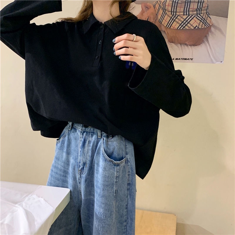 Áo polo Tay Dài Dáng Rộng Có Cổ Thêu Họa Tiết Phong Cách Harajuku Hàn Quốc Mới Mùa Thu Cho Học Sinh Nữ