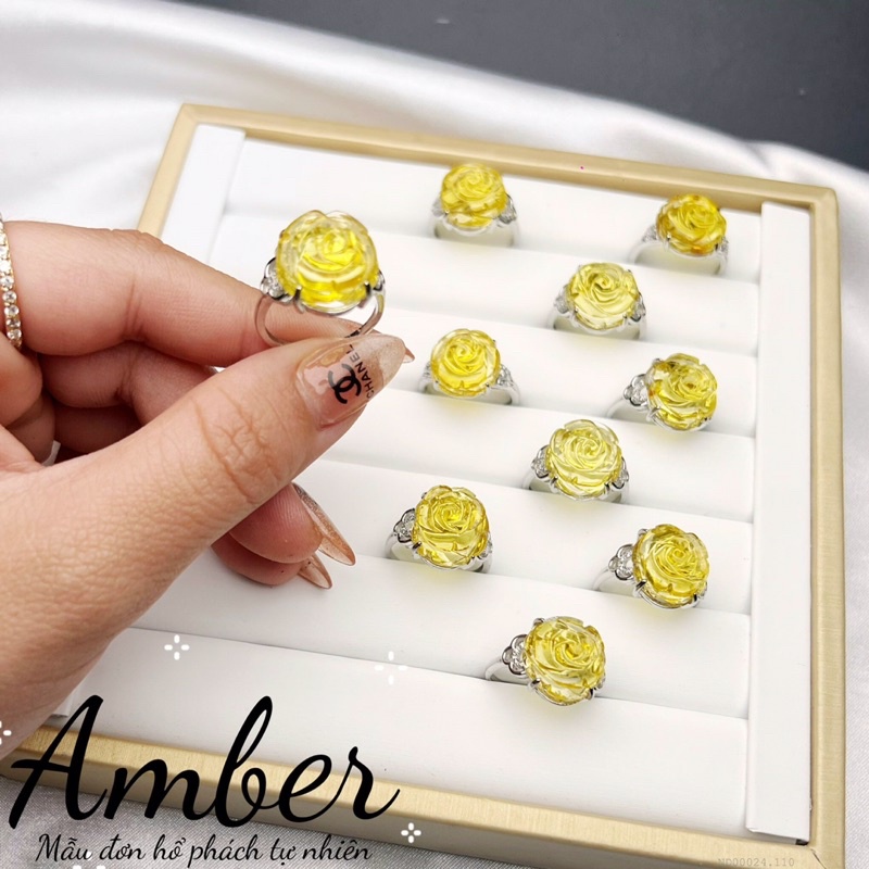 Nhẫn mẫu đơn hô phách khung bạc 925