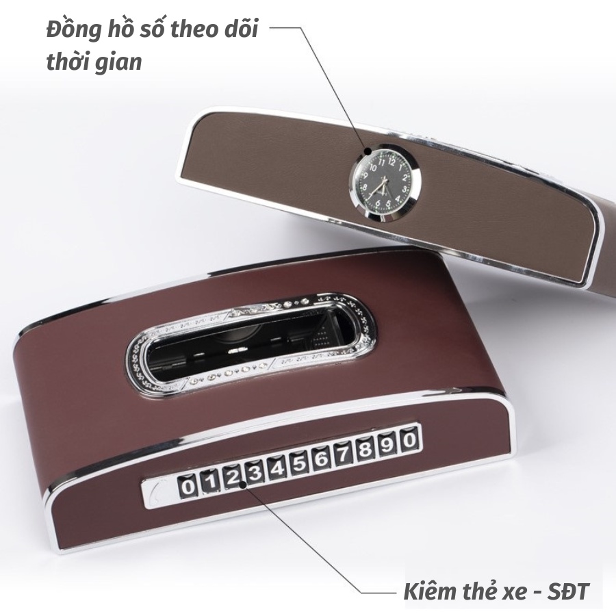 Hộp đựng giấy ăn bọc da cao cấp để tablo ô tô, 3 chức năng kèm đồng hồ và bảng số điện thoại.