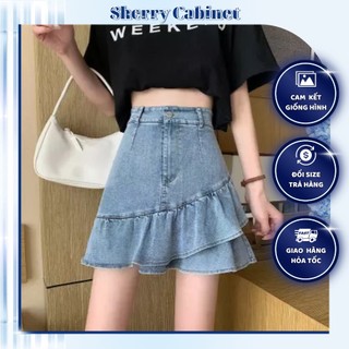 Chân váy bò jeans denim lưng cao phối đuôi cá bèo nhún phong cách cá tính