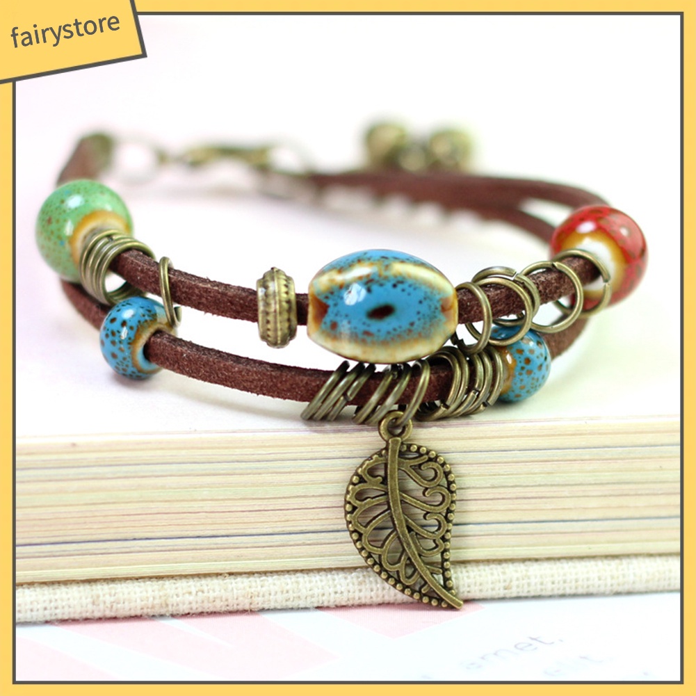 Vòng Tay Da Giả Hai Lớp Đính Hạt Và Lá Sứ Phong Cách Bohemian Fairy1 [Fairy1] Cho Nữ