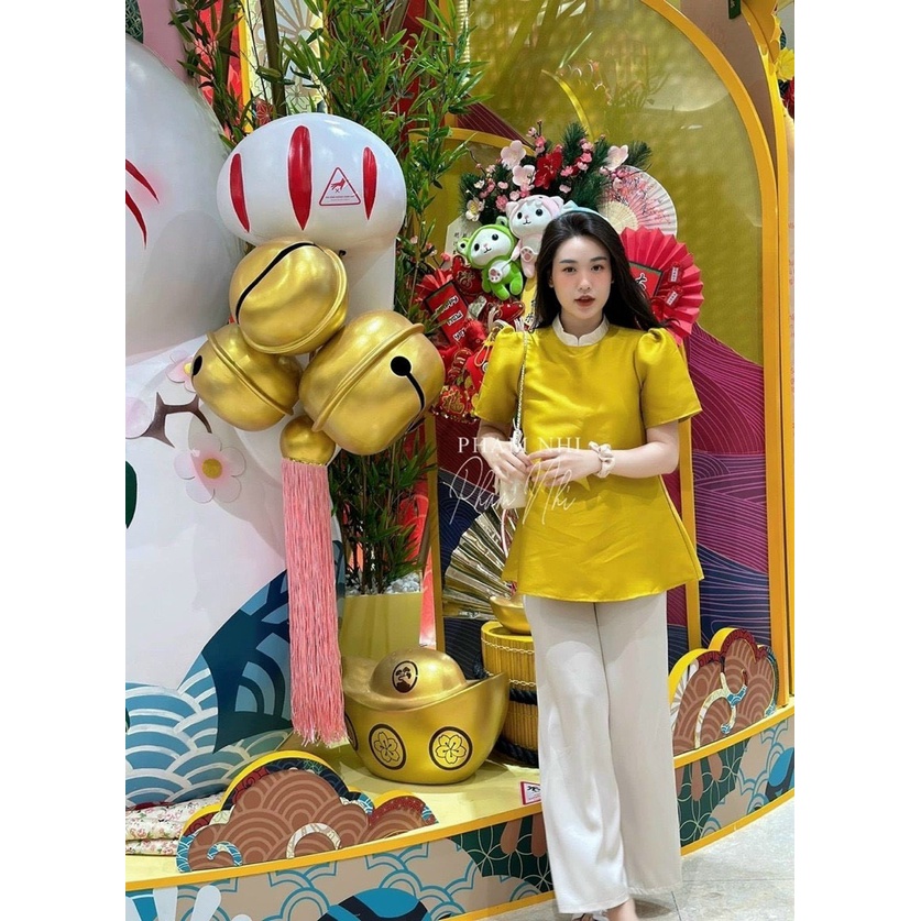 Sét Tiểu Thư Nữ Phong Cách HÀN QUỐC, Áo Nữ Cổ Tròn Tay Phồng Phối Quần Suông Trắng Thiết Kế Phối Màu Siêu Sang