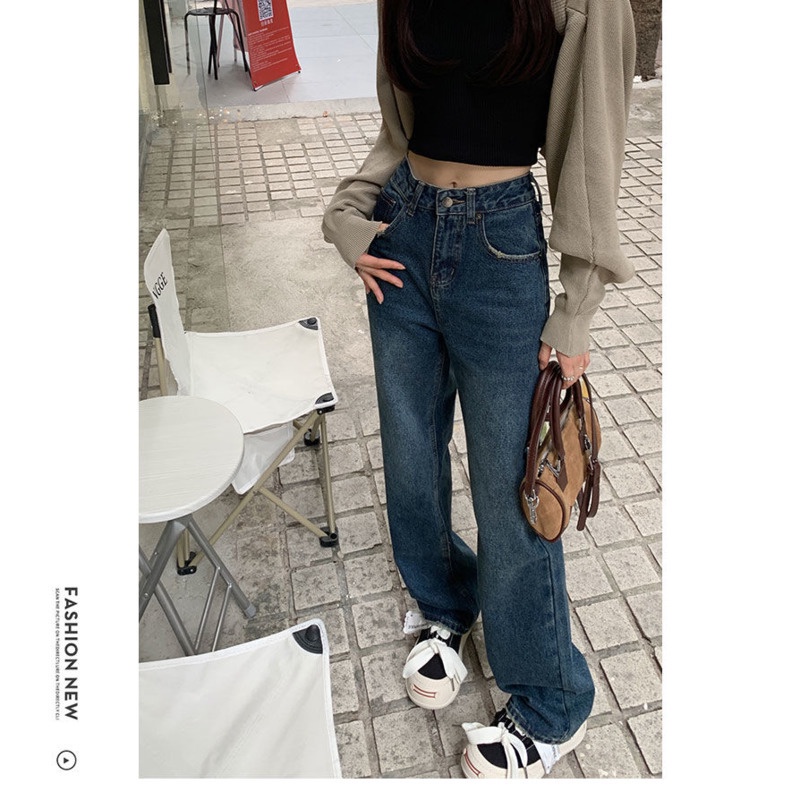 Quần Denim Lưng Cao Ống Rộng Phong Cách Retro Hàn Quốc