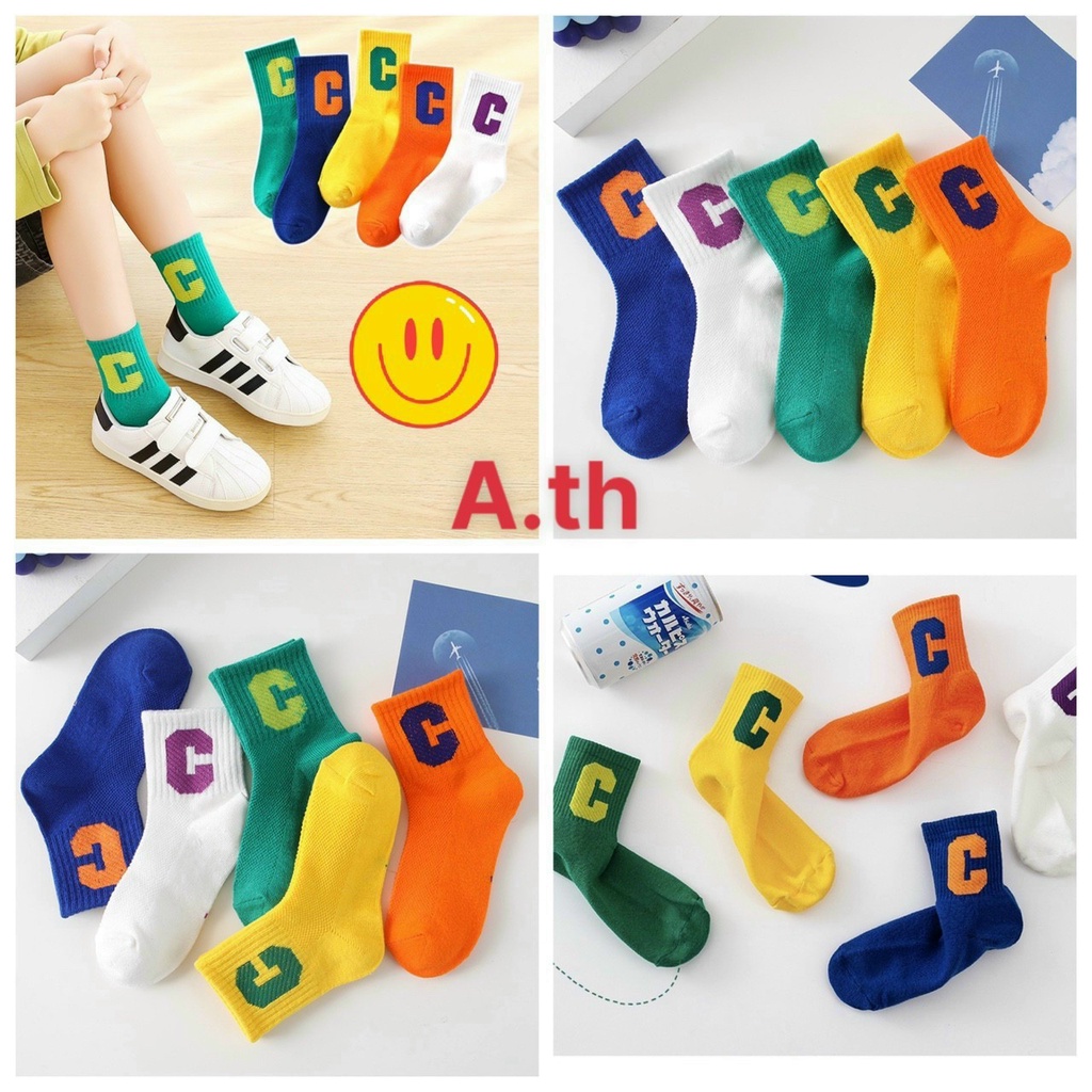 Tất trẻ em sét 5 đôi cổ cao Chữ C mix 5 màu cho bé từ 2 đến 12 tuổi