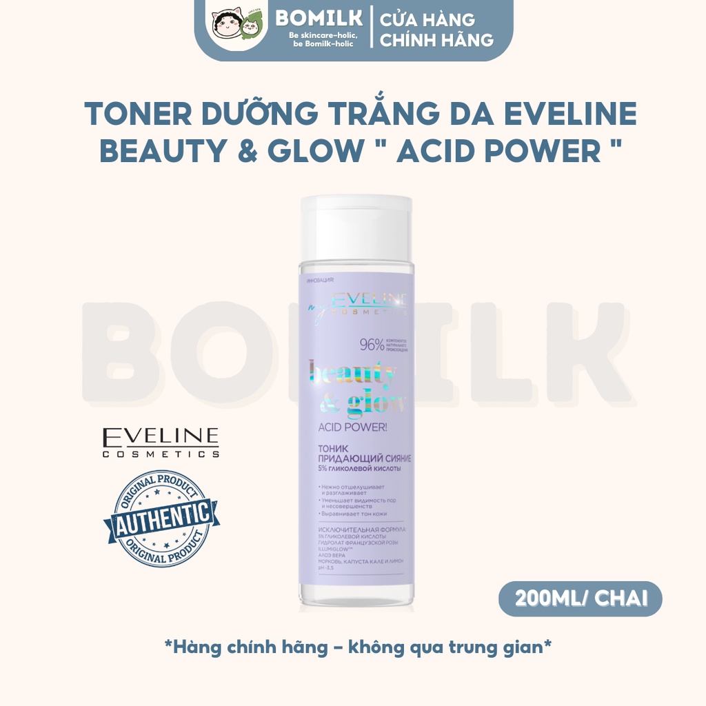 Toner sáng da Eveline Beauty & Glow "Acid power" - làm sạch, sáng da, mềm mịn da