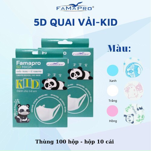 Hộp 10 chiếc . Khẩu Trang Y Tế Trẻ Em Kháng Khuẩn 3 Lớp Famapro 5D Mask Kid Quai Vải 1 hộp
