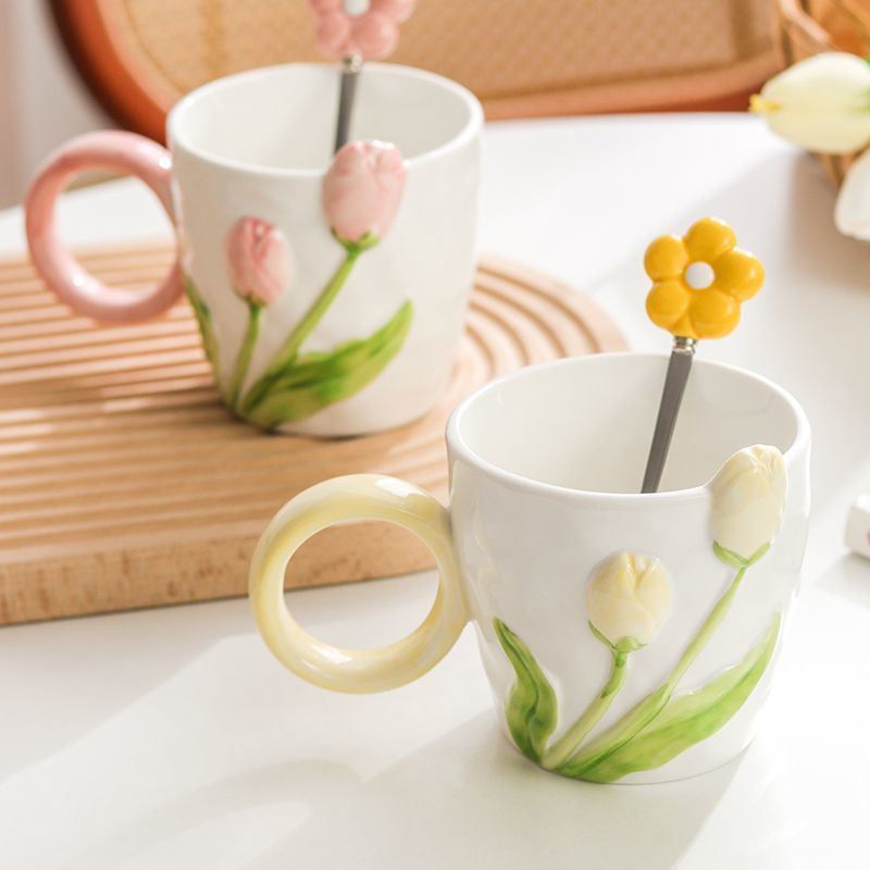 Cốc Sứ Cao Cấp Họa Tiết Hoa Tulip Dễ Thương Kèm Nắp Và Muỗng Tiện Dụng
