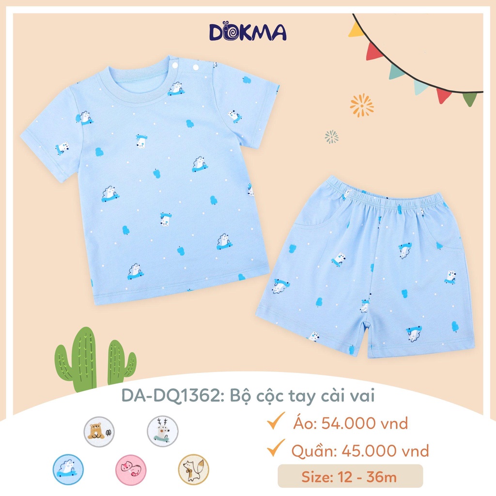 Bộ cộc tay mùa hè cúc vai Dokma 2023 vải cotton mỏng mịn mềm mát cho bé 8-15kg