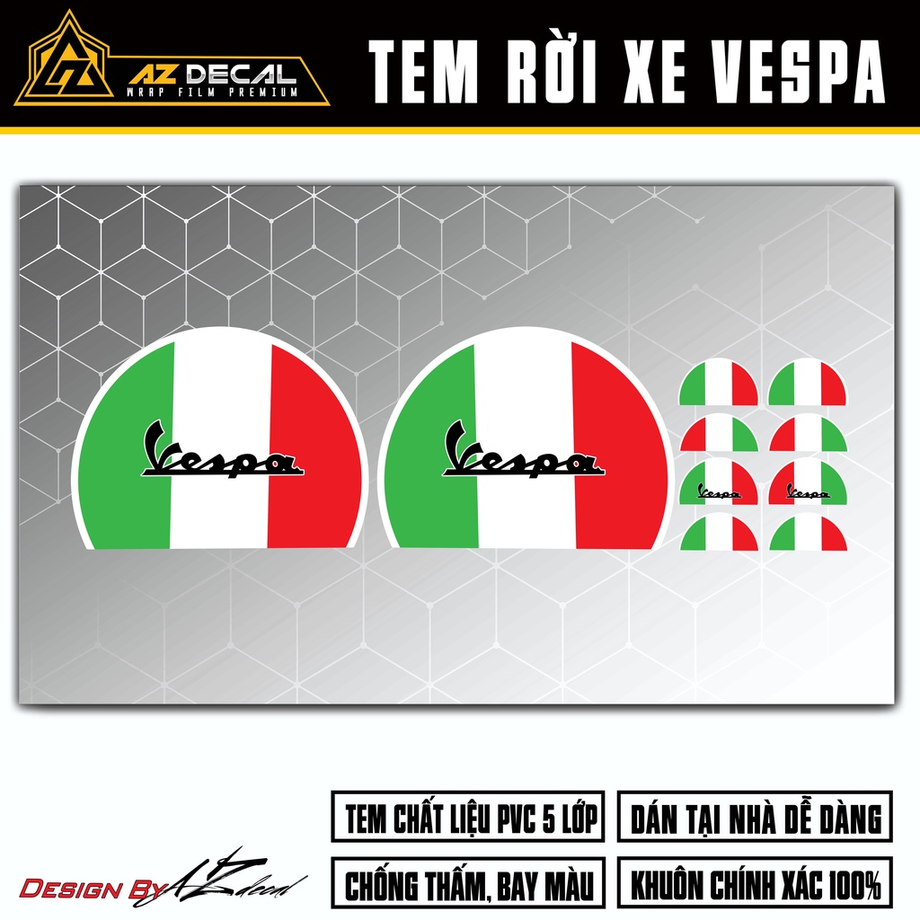 Tem Xe Vespa Cờ Italia | VP18 | Tem Rời Cho Dòng Xe Vespa, Decal PVC Chống Nước, Dễ Dán