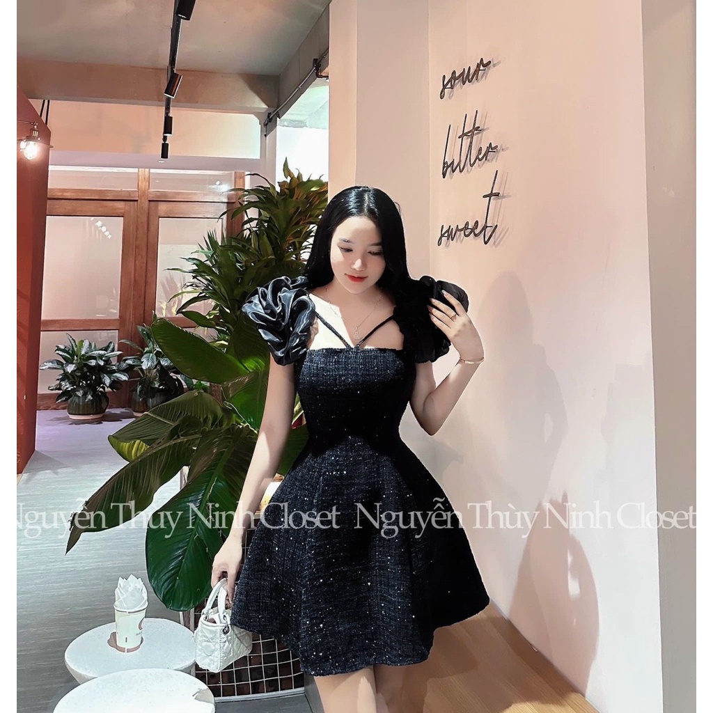 Váy đầm nữ dáng xòe dự tiệc tay bồng chéo dây thiết kế trẻ trung sang chảnh