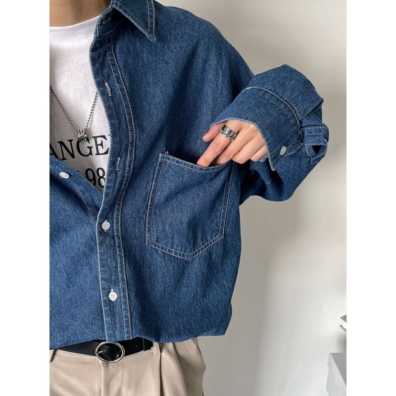 Áo Sơ Mi Denim Tay Dài Dáng Rộng Phong Cách Retro Đường Phố Hàn Quốc Nhật Bản Cao Cấp Dành Cho Nam