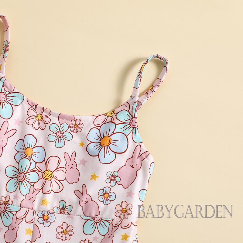 Bộ Áo Liền Quần Không Tay In Hình Thỏ Và Hoa Dễ Thương Cho Bé Gái 1-5 Tuổi