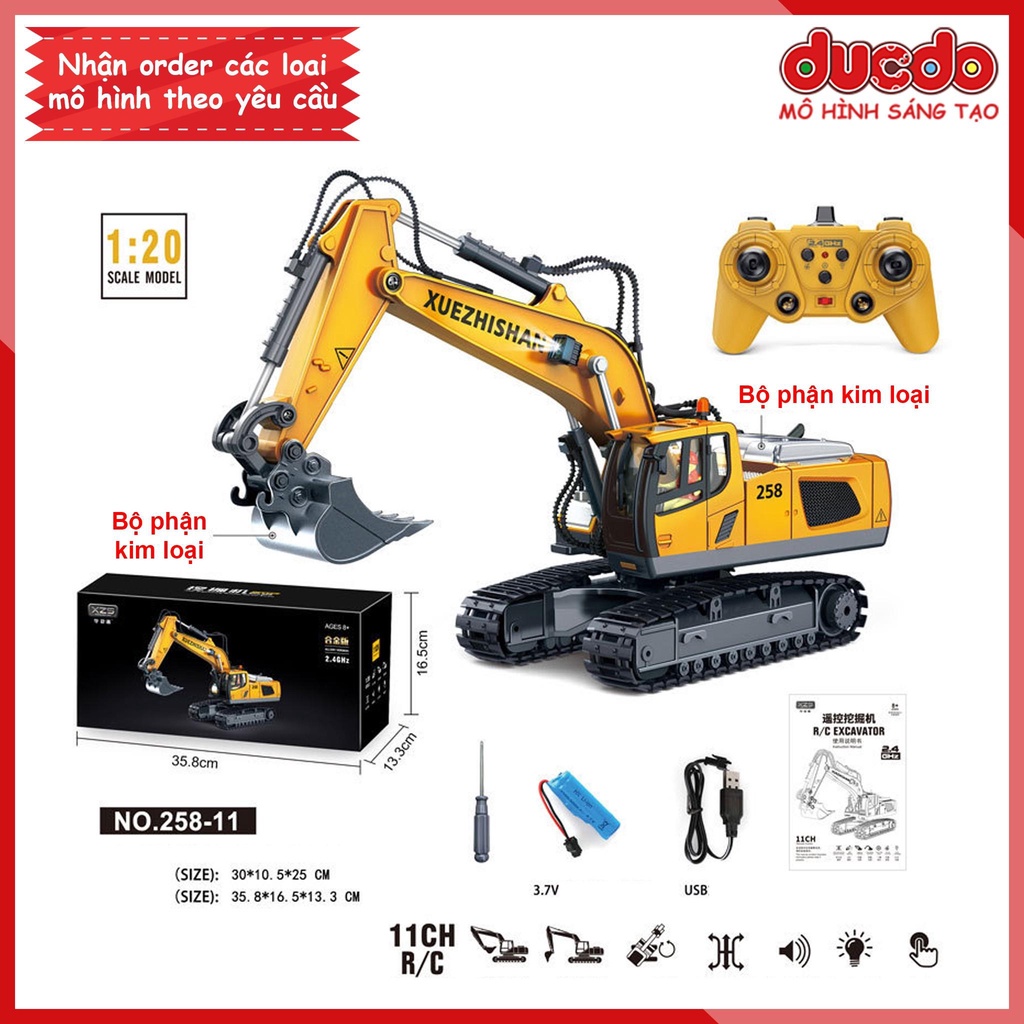 Xe điều khiển từ xa ô tô công trình máy xúc ben múc cẩu ủi gầu và thùng sắt pin sạc cho bé - Đồ chơi mô hình