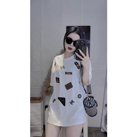 Áo phông in kín nhiều LV fom thụng unisex chất cton khô 3158