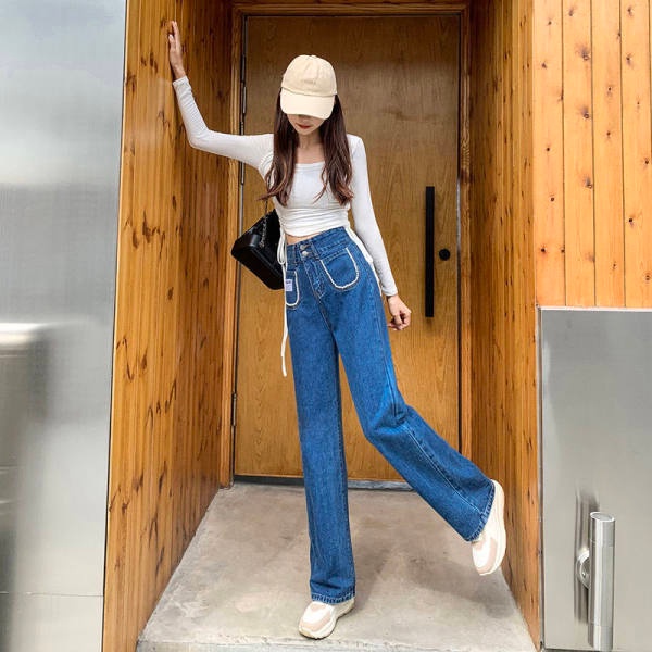 ZHELIHANGFEI Quần Jean Lưng Cao Form Rộng Theo Phong Cách Retro Đường Phố
