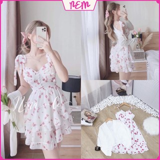 Váy 2 dây - Đầm hoa nhí 2 tầng kèm áo cadigan, Có mút ngực, Chất vải lụa cao cấp NEM Store102