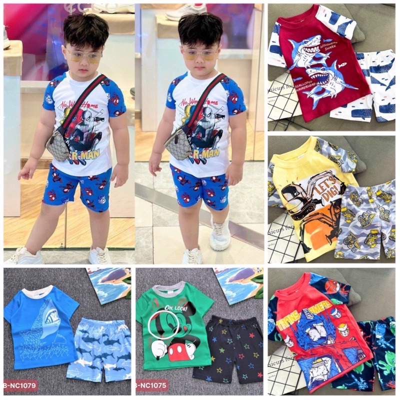 (9-20kg) bộ thun borip tay ngắn quần đùi bé trai hình in nét siêu cưng (021)