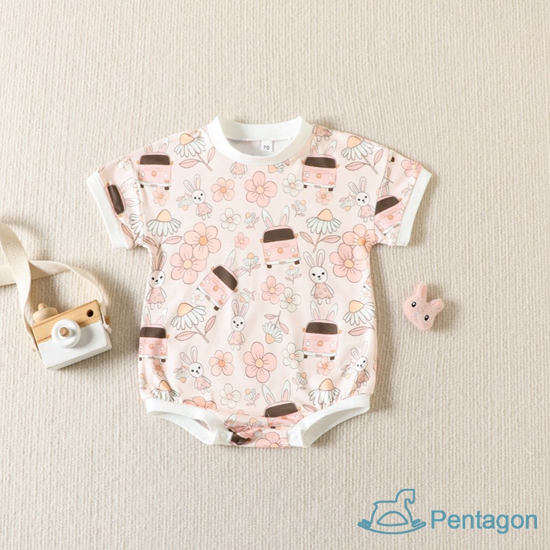 Áo Liền Quần Tay Ngắn Cổ Tròn Bằng Cotton In Họa Tiết Xinh Xắn Thời Trang Mùa Hè Cho Bé Gái 0-24 Tháng Tuổi