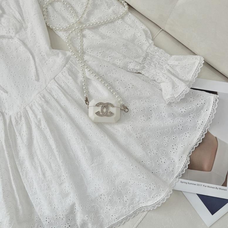Váy Thô Ren Trắng Cổ V Tay Chun Tiểu Thư Siêu Xinh Hàng 2 Lớp Samiboutique