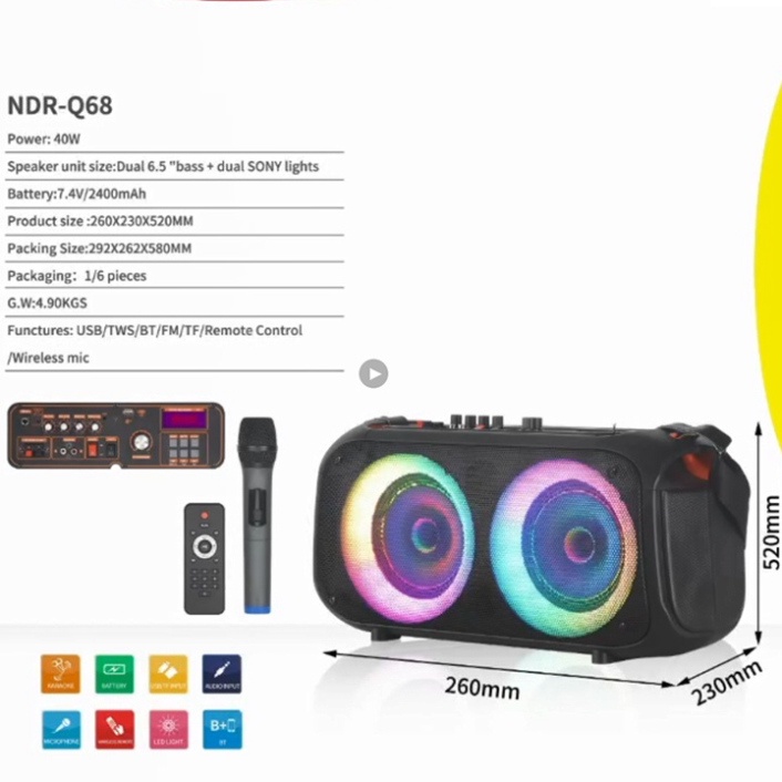 Loa Xách Tay Karaoke NDR-Q68 Công suất 120W Cấu tạo 2loa 6.5inch cho chất âm cực hay.1 Micro0