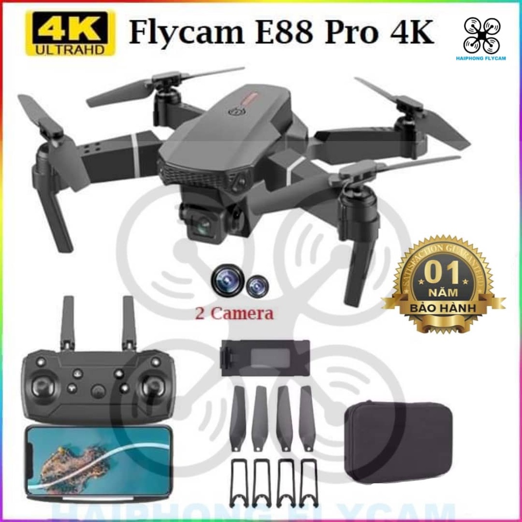 Flycam, Máy Bay Điều Khiển Từ Xa E88 Camera Kép 4K HD Wifi Kết Nối Với Điện Thoại Tặng Kèm Pin Dự Phòng Máy Bay