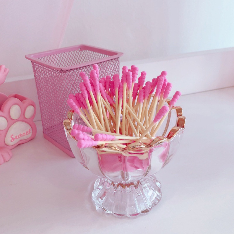 Hộp 100 Tăm Bông Cotton Màu Hồng Dễ Thương Dùng Để Trang Điểm