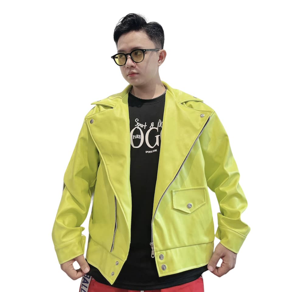 Áo khoác jacket biker da màu xanh neon