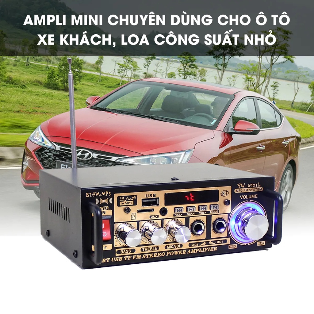 Amply Mini Bluetooth cho xe hơi, loa mini, bộ khếch đại âm thanh karaoke YW-6901L kiểu dáng sang trọng