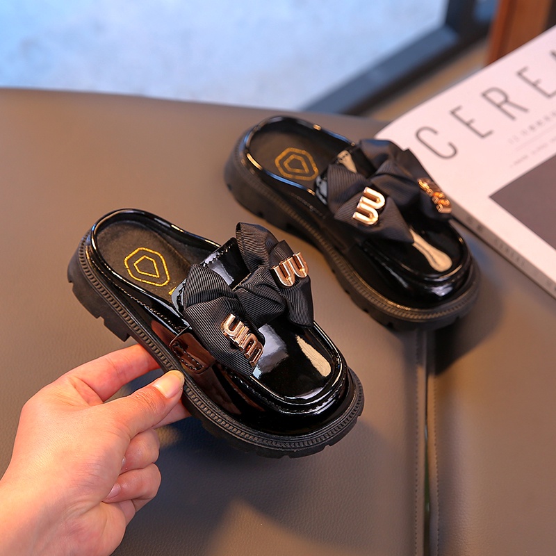 Dép Da Mũi Tròn Đính Nơ Chống Trượt Thời Trang Xuân Hè 2023 Cho Bé Gái