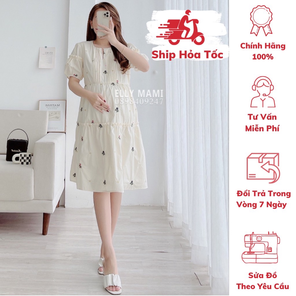 ( 40kg - 95kg ) Đầm Bầu , Suông Thêu Hoa Nhí Cổ V , Baby Doll ,Form Dễ Mặc Thoải Mái Suốt Thai Kì &amp; Sau Sinh Cao Cấp