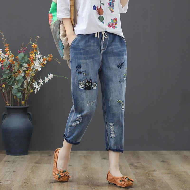 Quần jeans Nữ Lưng Thun Thêu Họa Tiết Phong Cách Retro