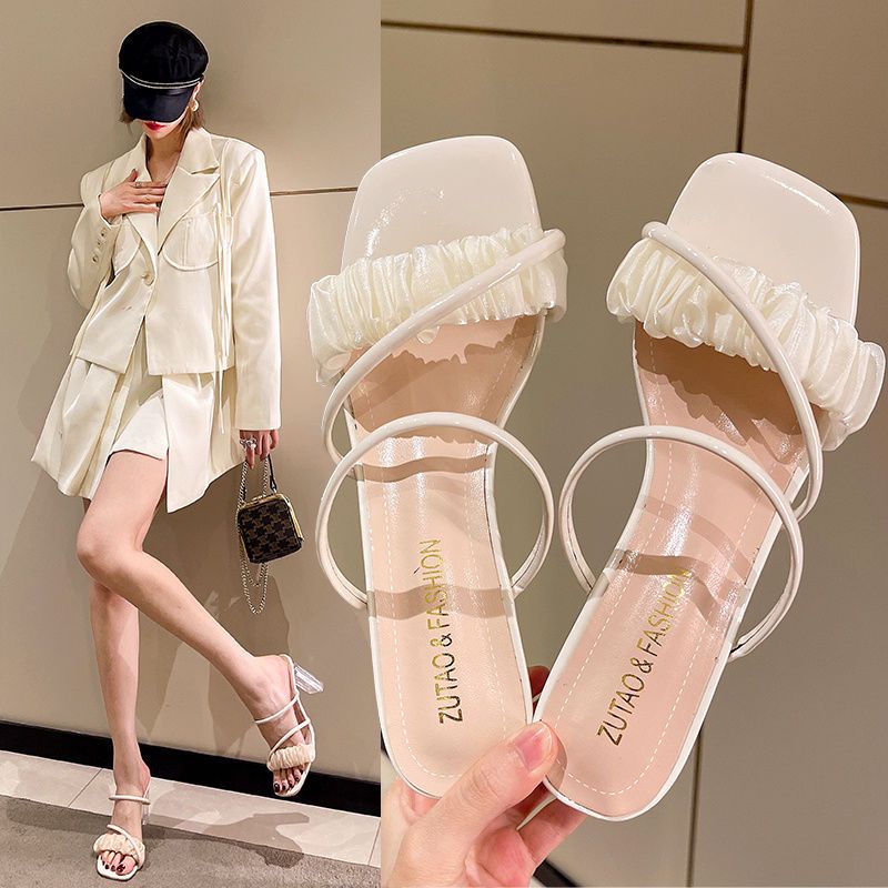 Giày cao gót Dép lê gót thô trong suốt pha lê