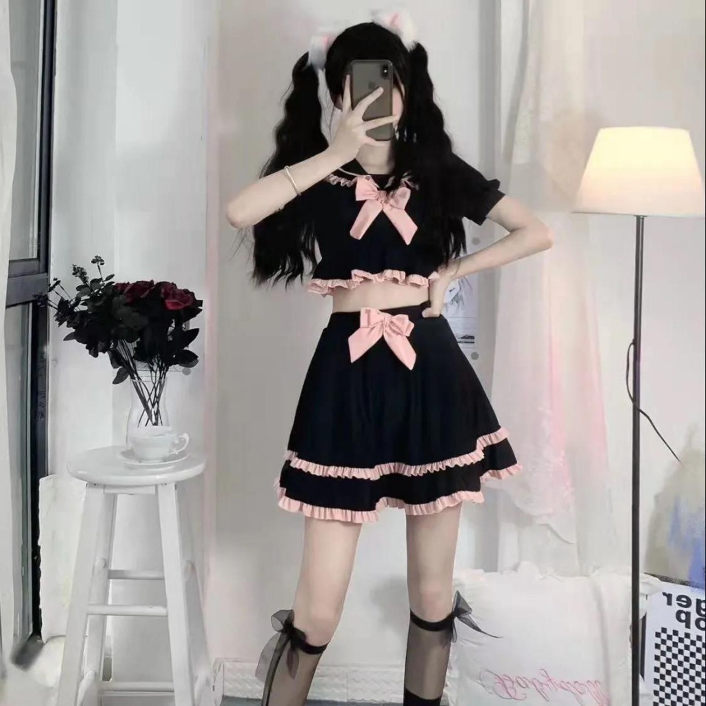 Bộ Áo Sơ Mi + Chân Váy + Áo Khoác Dáng Ngắn Đính Nơ Phong Cách Nhật Bản Cho Nữ